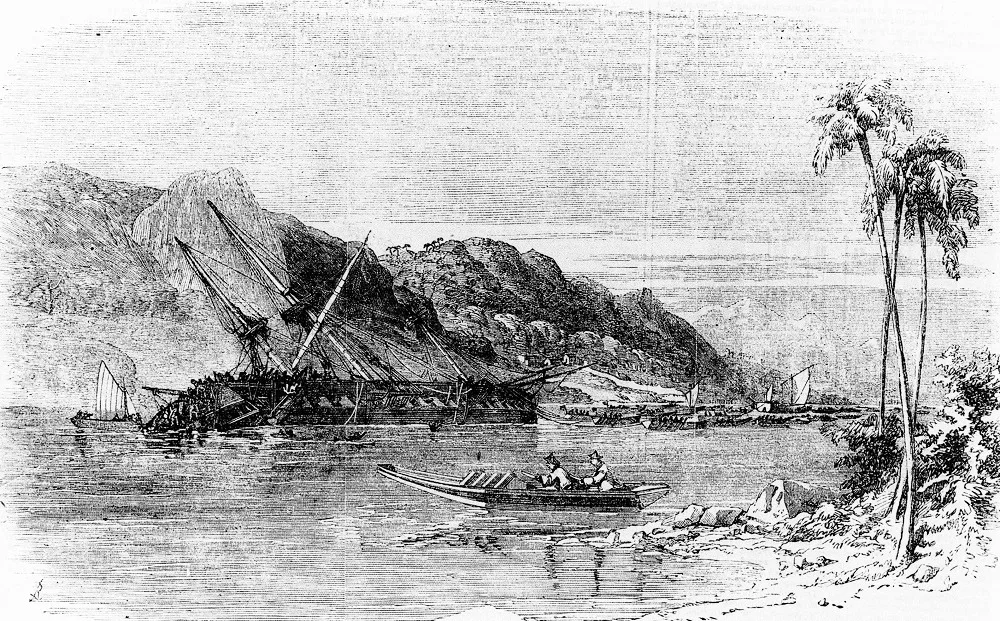 Крушение фрегата «Диана» Иллюстрация из газеты The Illustrated London News, 1856 год. На этом фрегате Можайский ходил в Японию в 1853–1855 годах